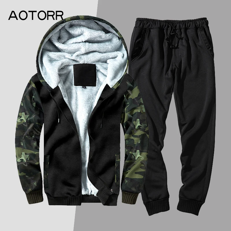 

Casual Mens Tracksuit Set Winter Two Piece Sets Camouflage Printed Mens Set Warm Sportswear Hoodies Sweatshirt Pants Jogger Mens