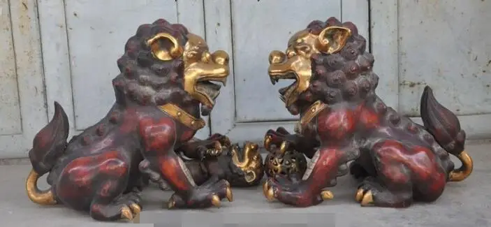 

S01256 China fengshui Bronze gilt Palace Evil Door Guardian Fu Foo Dog Lion statue Pair B0403