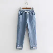 Кружевные лоскутные джинсовые штаны с принтом кота для женщин, новые элегантные стильные милые брюки с эластичной резинкой на талии для девочек, прямые женские штаны gx399