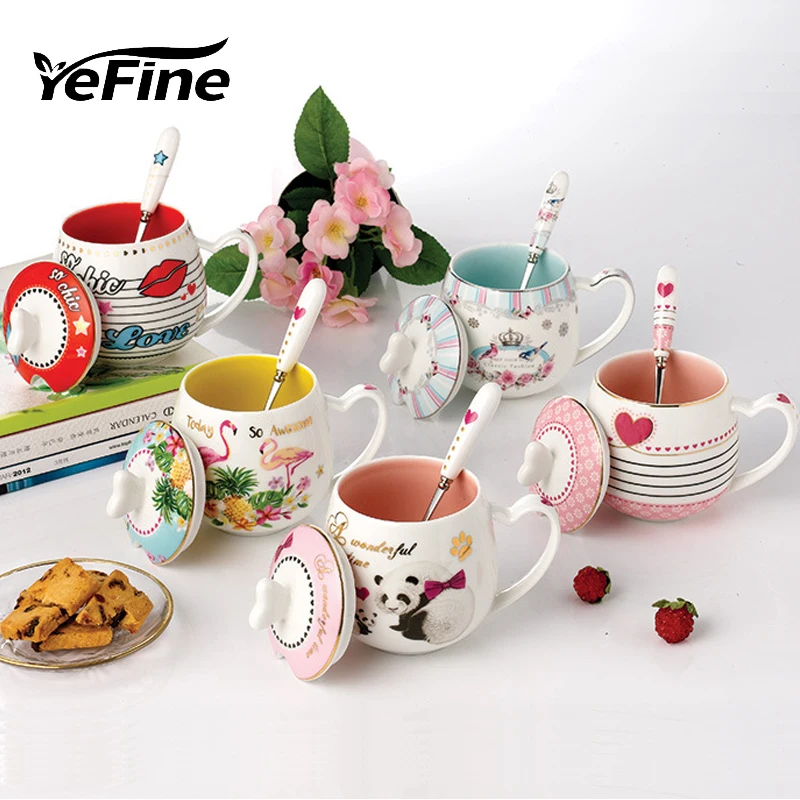 

YeFine Ceramic Coffee Mugs With Lid Spoon Travel Pottery Cups And Mugs Porcelain Tea Cups Bone China Christmas Gifts