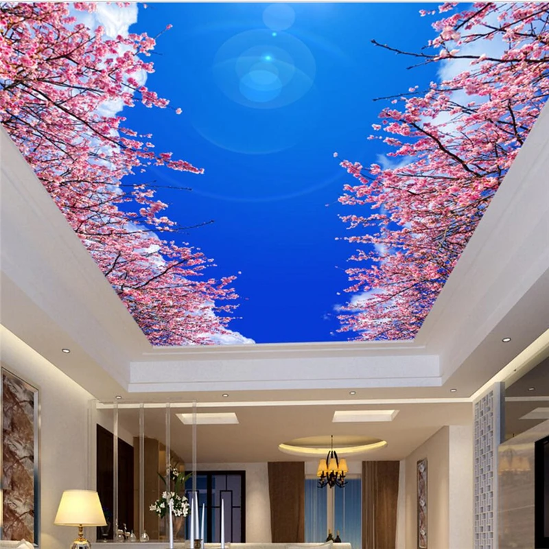 

beibehang Beautiful atmosphere blue sky white clouds cherry ceiling roof temples custom large fresco green wallpaper