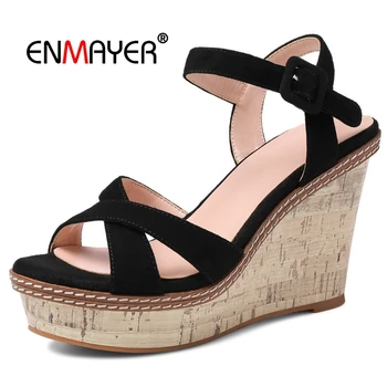 

ENMAYER Kid Suede Woman Sandals 2019 Summer Wedges Shoes for Women Basic Casual Women Shoes Size 34-39 LY741