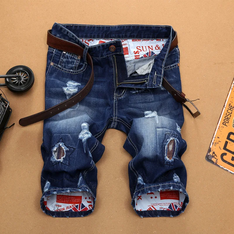 

2019 Summer Top Men Jeans Shorts,Blue Color Fashion Designer Short Ripped Jeans For Men Denim Shorts Knee Length