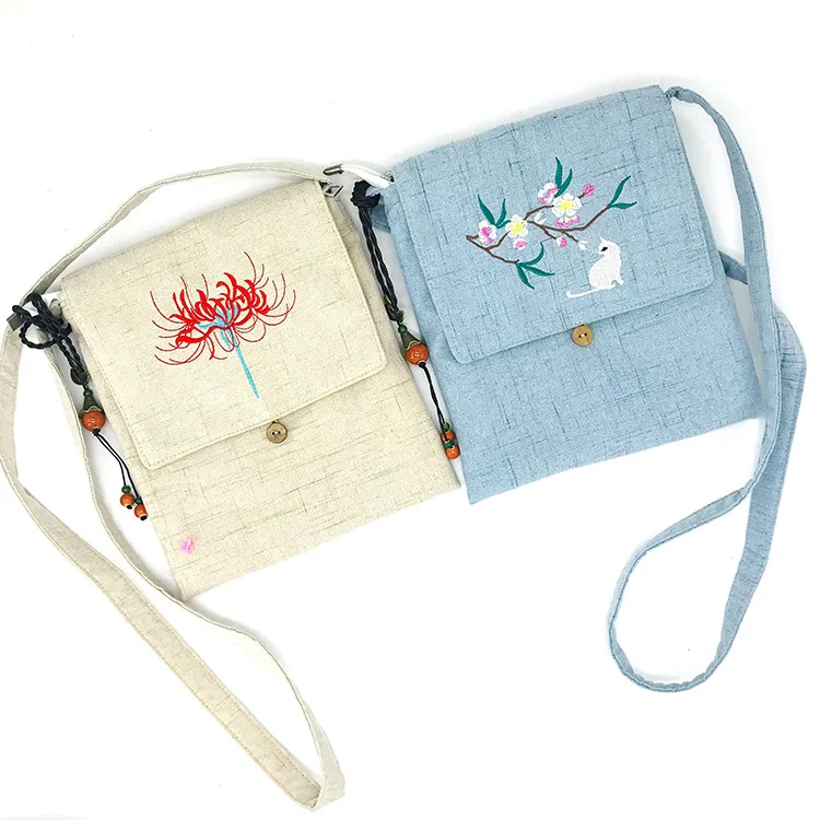 

Cotton and Linen Messenger Bag Women Chinese Style Shoulder Bag Female Casual National Bag Flower aand Bird Embroidery Crossbody