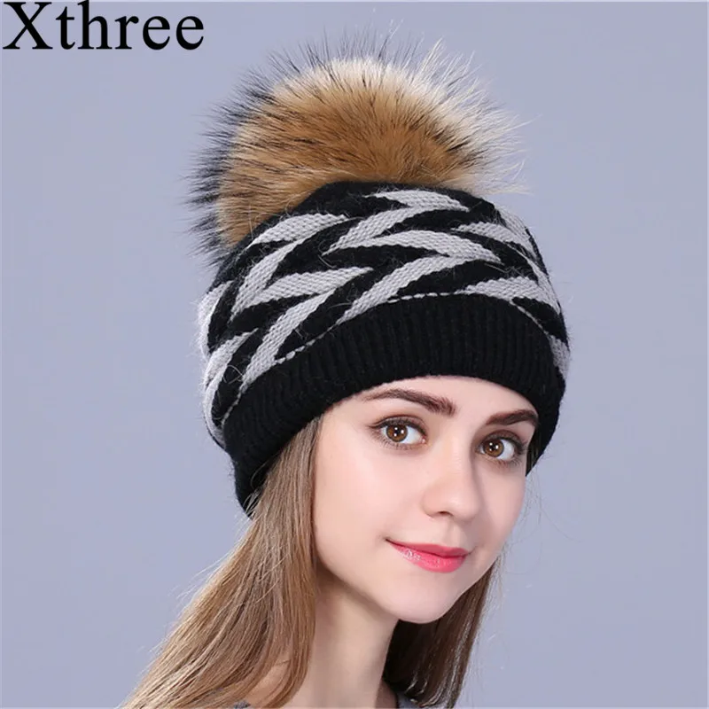 

Xthree Double-deck Rabbit fur Knitted winter hat for women Real Fur Pom pom Hat Female hat cap For girl Skullies Beanies