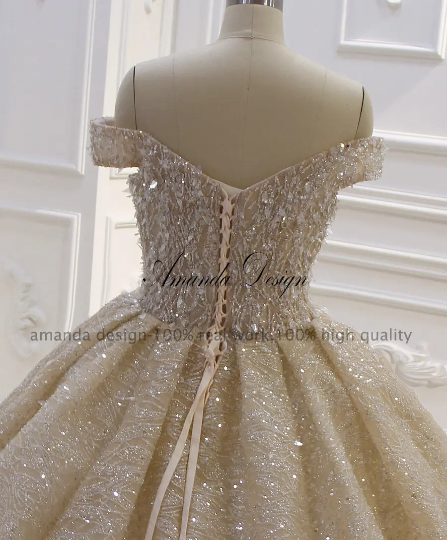 Аманда дизайн высокое качество с открытыми плечами Плиссированное шампанское блестящее роскошное свадебное платье