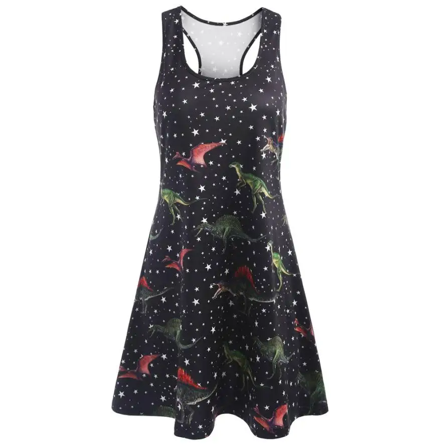 

Feitong Women Sleeveless Summer Dresses Ladies Printed Dinosaur Tunic Tank Dress Femme O Neck Beach A-Line Short Mini Dress