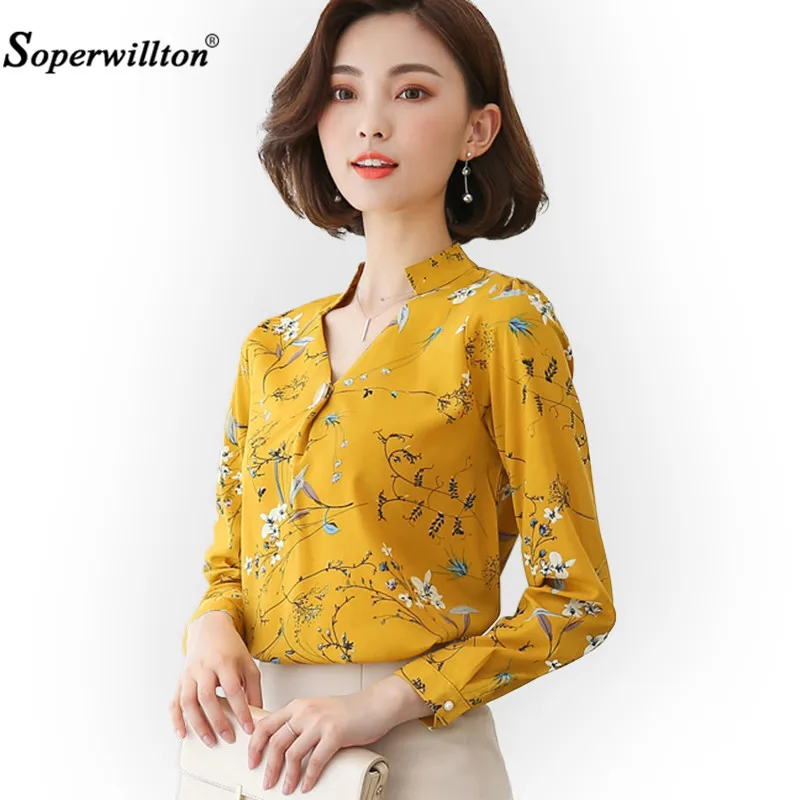 Women Blouse Shirts Chiffon Print flowery Long Sleeve Tops 2018 New