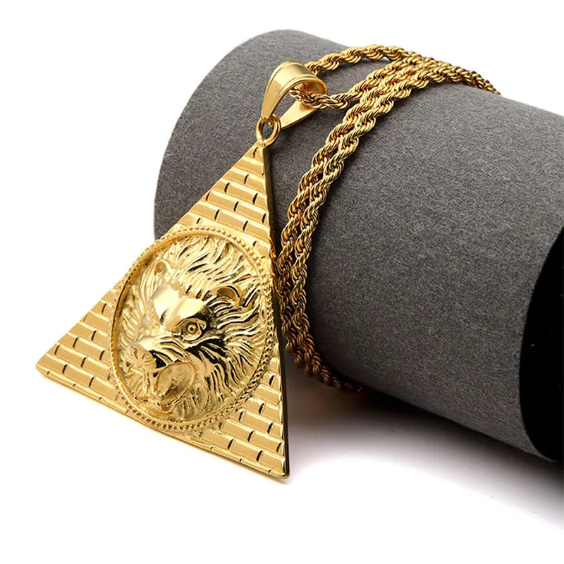 

Trendy NEW High Quality Animal Charm Lion Head Lion King Pendant Egyptian Pyramid Necklace Hip Hop Style Men's Jewelry Gift
