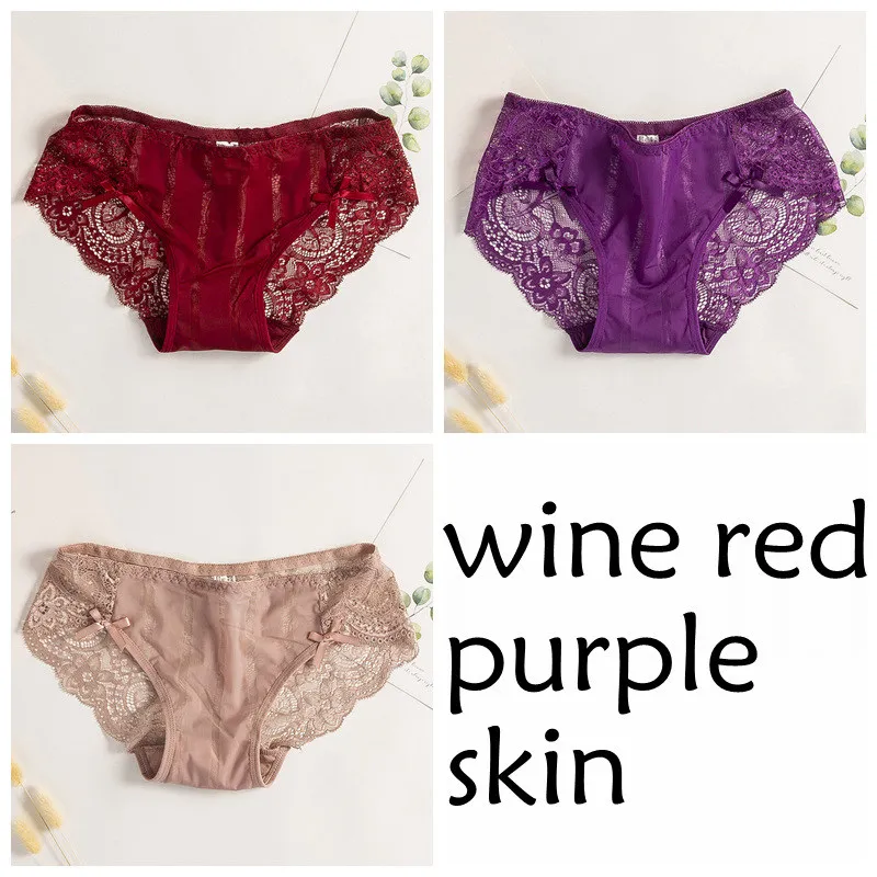 SP& CITY, 3 шт., однотонный кружевной сексуальный комплект нижнего белья с вышивкой, женские бесшовные трусики с бантом, прозрачные трусы, женское нижнее белье, стринги - Цвет: wine-red purple skin