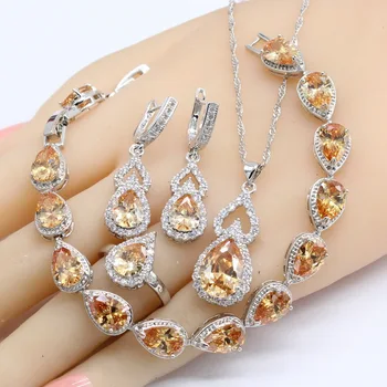 

Water Drop Orange Zircnoia Silver Color Jewelry Sets For Women Wedding Bracelet Earrings Necklace Pendant Rings Free Gift Box