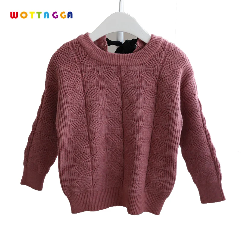 

WOTTAGGA Girls Sweater Pullovers 2018 Jacquard Long Sleeve Ties Fashion 2018 Spring 3-7Y old Kids Knitwear Solid Children