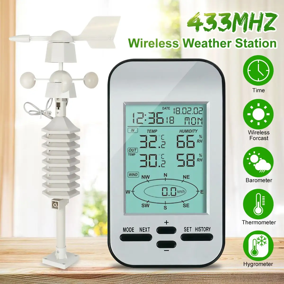 

Professional RF 433mhz Wireless Weather Station Clock Wireless Anemometer With Wind Speed and Direction Sensor