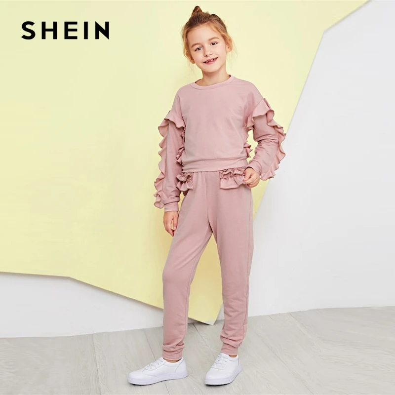 SHEIN Kiddie Girls Pink Solid Ruffle Trim Top And Tapered Pants Set Suit Sets 2019 Fashion Long Sleeve Children Clothes Sets