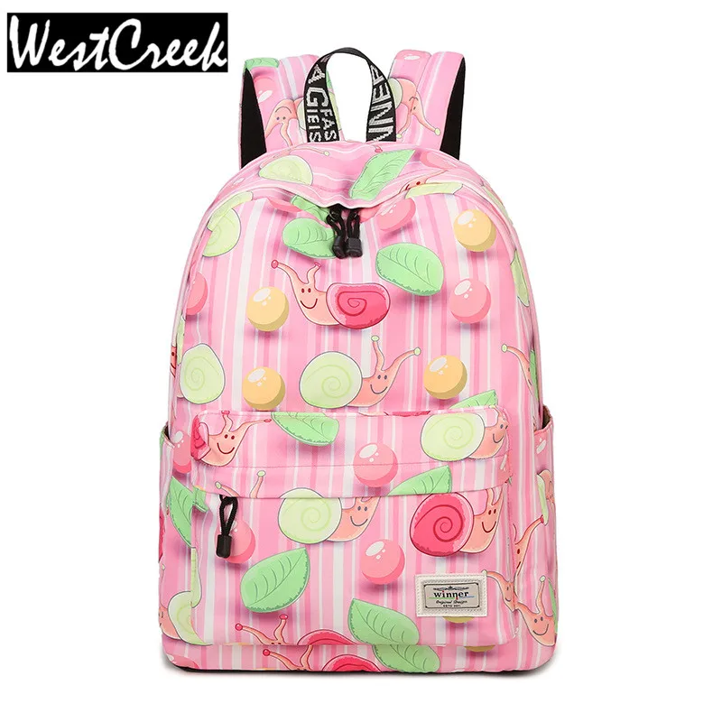 

Fashion Waterproof Polyester Girls Knapsack Pink Snails Pattern Printing Large Capacity Female Back Packs Travelling Bags