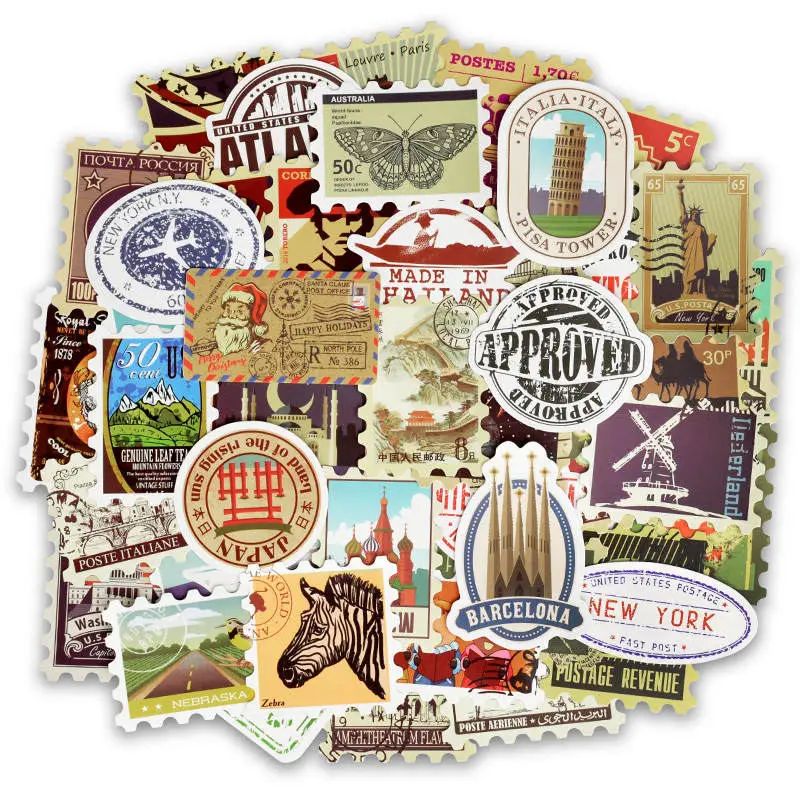 50pcs Retro Various Countries Stamps Mixed vinyl stickers for Laptop Refrigerator Luggage Decal Stickers For MacBook/HP Notebook