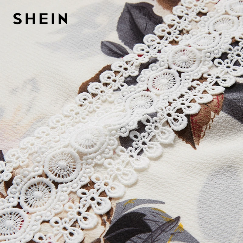 SHEIN Dot Mesh Yoke Lace Applique Ruffle Top Beige Floral Print Round Neck Cap Sleeve Blouse Women Summer Casual Blouses
