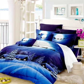 

New Christmas Bedding Set 3D Blue Moon Duvet Cover Set Santa Sleigh Snow Forest Print Bed Cover Cartoon Bedclothes Home Decor