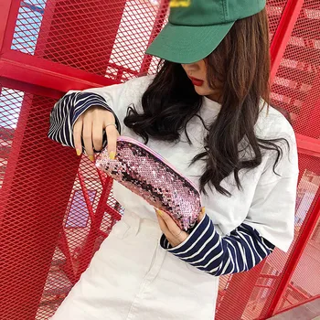 

female Lightweight Cosmetic Storage Bag sequin Ladies Pen Holder Large Capacity pencil case School Office zipper Storage Purse