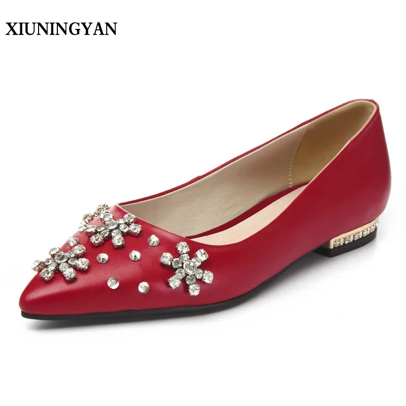 

XIUNINGYAN Large Size 33-43 Fashion Rhinestone Real Cow Leather Womens Flat Heel Pointed Toe Shoes Casual Slip-on Women Flats