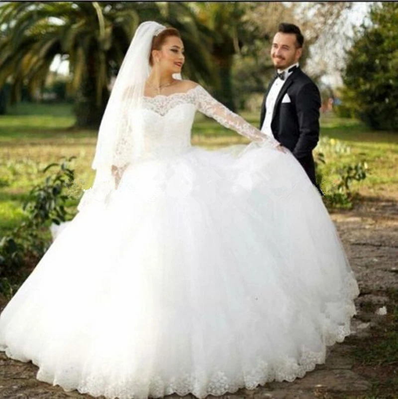 

2016 Off The Shoulder Ball Gown Wedding Dress Boat Neck Bridal Wedding Dress Long Sleeve Floor Length Vestidos De Novia