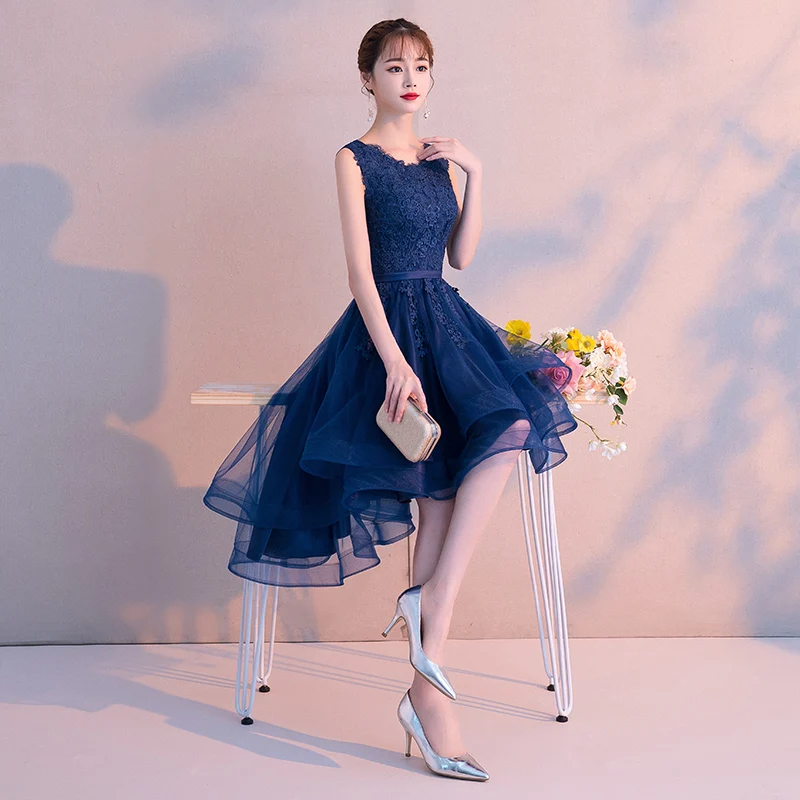 US $44.47 Robe De Soiree Navy Blue ONeck Sleeveless Lace Vestido De Festa Evening Dress Short Front Long Back Party Dresses Prom Dresses