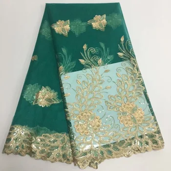 

2019 Latest French Nigerian Laces Fabrics Sequins Tulle African Laces Fabric Green Gold Wedding African French Tulle Lace