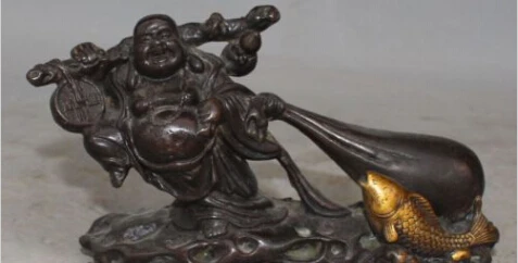 

JP S0028 7" Chinese Bronze Gilt FengShui Wealth Buddhism Maitreya Buddha And Fish Statue