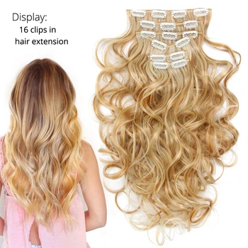 Leeons 22 Inch High Temperature Fiber Curly Synthetic 16 Clips In Hair Extensions For Women Hairpieces Ombre Brown Hair pieces 3