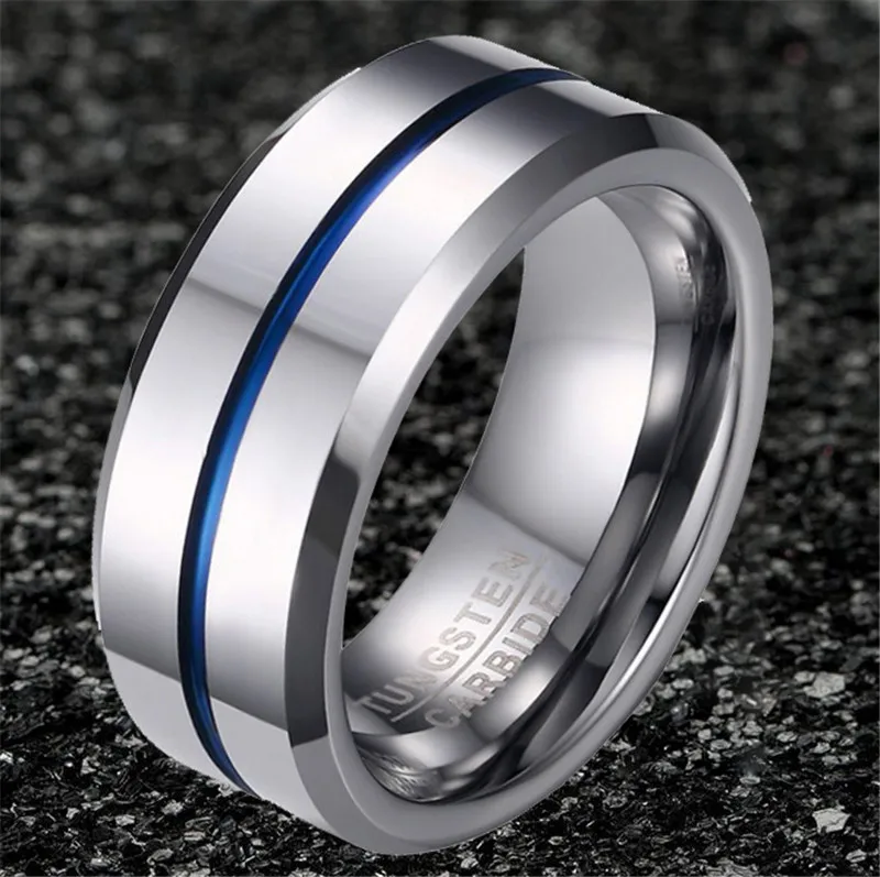 8MM Wide Blue Line Tungsten Carbide Ring For Men Trendy One Groove
