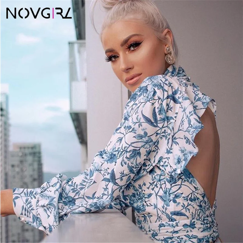 Женская блузка с оборками и открытой спиной Novgirl шифоновая воротником под горло