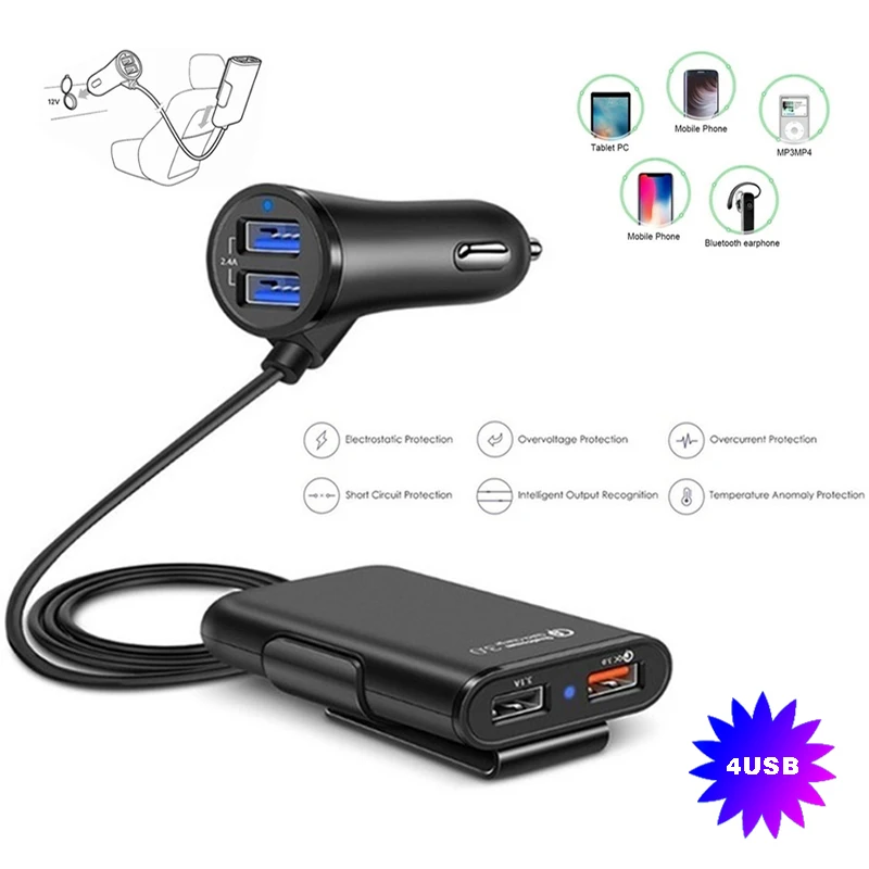 

High Quality 4 Ports USB Car Charger Front Seat Back Seat QC 3.0 Quick Fast Charging Adapter For Smart Mobile Phone Fast Charger