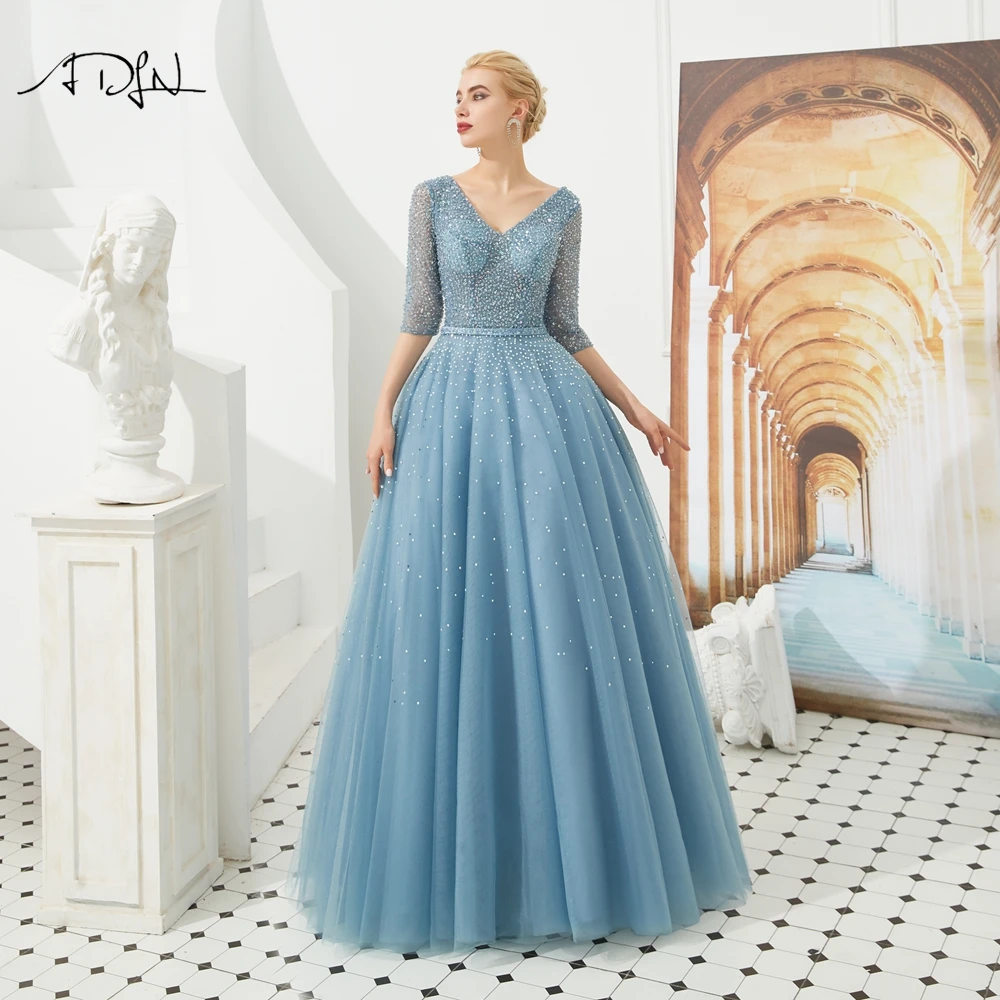 

New Arrival 2019 Luxury Evening Dresses Custom Made Arabic Style Formal Evening Gown with Sleeves Beaded Formal Dresses Long