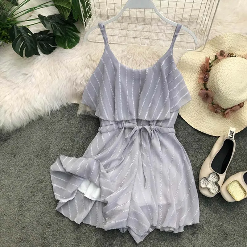 

NiceMix Chiffon High Waist Jumpsuit Female Summer 2019 New Korean Sweet Loose Sling Stripe Wide Leg Short Jumpsuit Roupas Femini