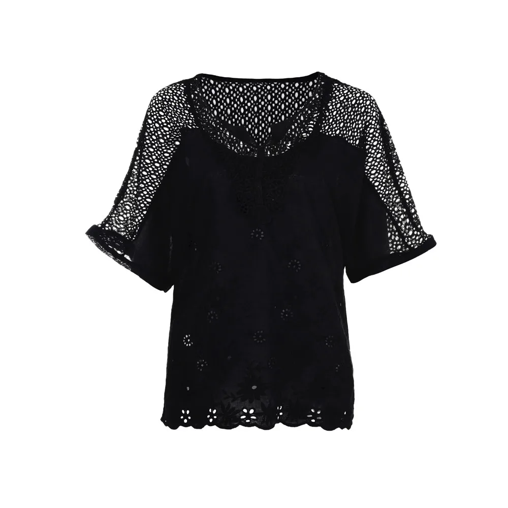Женские летние блузки с О-образным вырезом и коротким рукавом, повседневные блузки, топы Blusas Mujer De Moda размера плюс, женские блузки - Цвет: Black