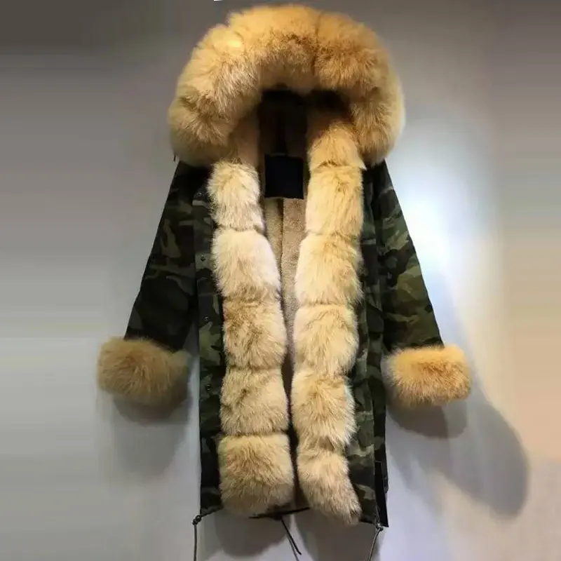Camouflage Jacket Light Apricot Fox Hood Hood กับ Apricot Faux Fur