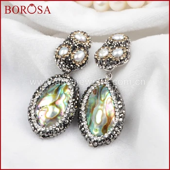 

BOROSA Hot 5 Pairs Druzy Triple Pearls & Oval Abalone Shell Stud Earrings Paved Zircon JAB360