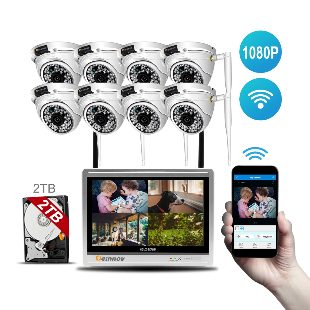  Einnov 8CH 2MP CCTV Set Wireless Security Camera System Video Surveillance IP Camera 12inch LCD NVR