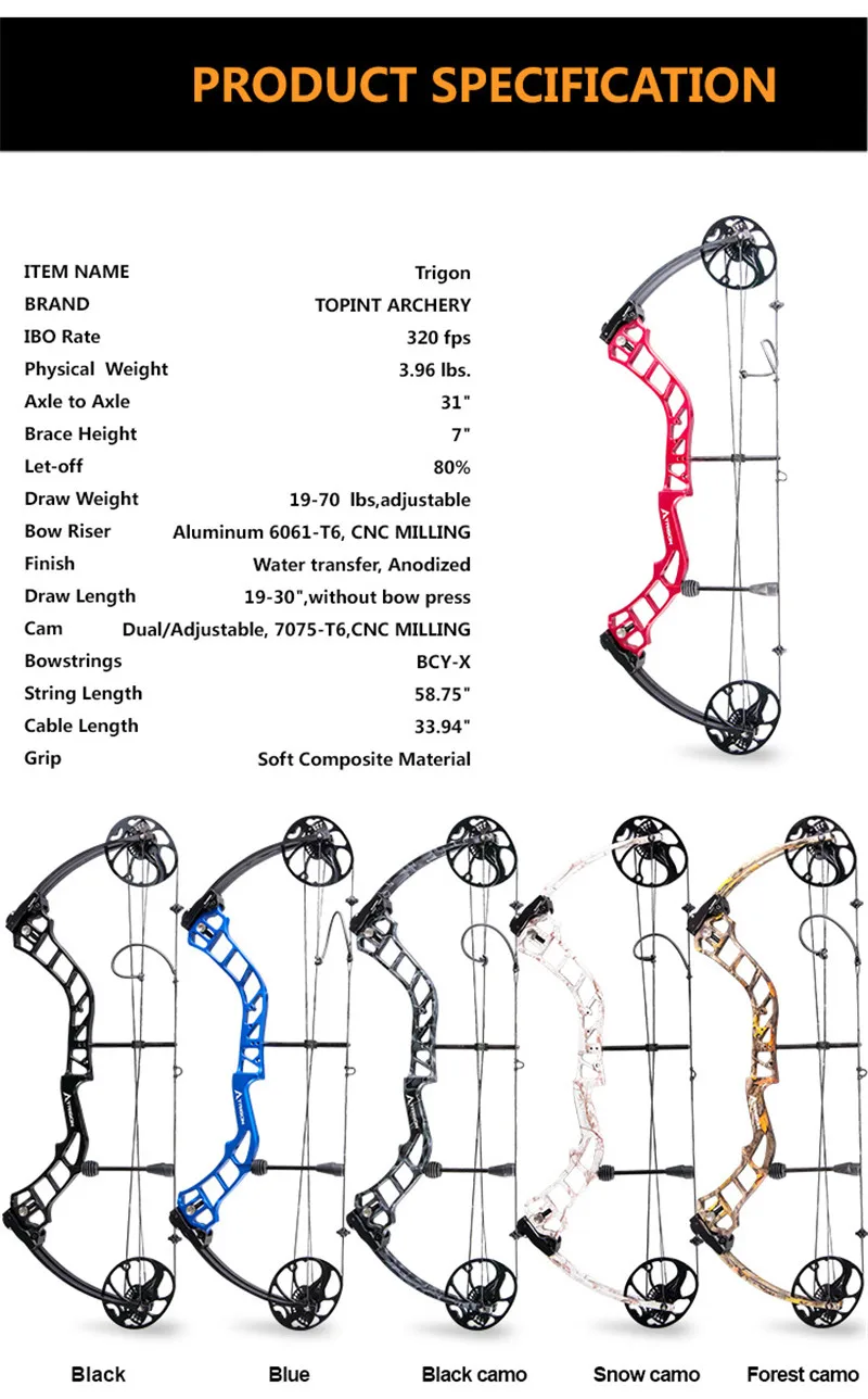 Topoint Archery Trigon Compound Bow Full Package CNC Material 19-30inch Draw Length For Hunting Shooting Right Hand Bow