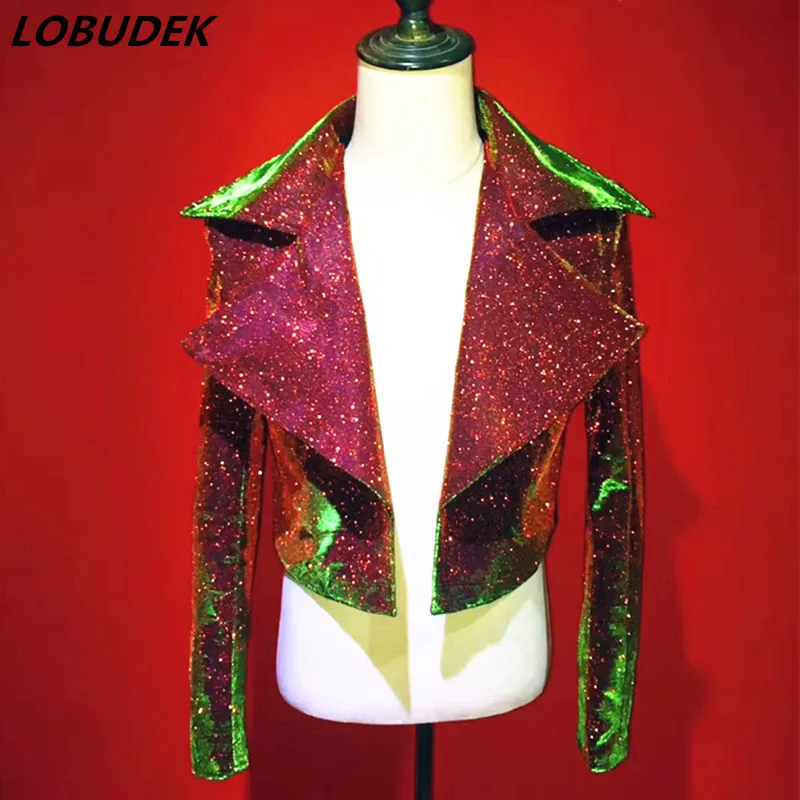 

Male short jacket Bling Gold Powder tide coat Bar Nightclub DJ singer DS costume Men's Singer Musical Vocal concert Stage outfit