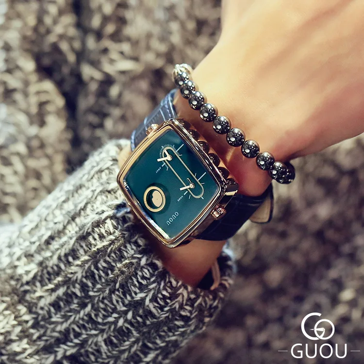  GUOU Brand Futuristic Fashion Trendy Casual Leather Strap Square Watches Male Men Magic Watch Milit