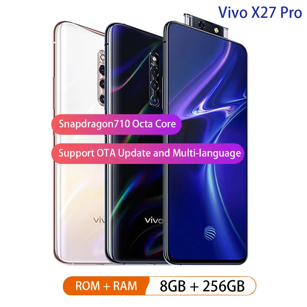 vivo X27 Pro, подъемная камера, 6. 7 дюймов, фронтальная, 32 МП, камера заднего вида, 8 ГБ, 256 ГБ, Восьмиядерный экран, отпечаток пальца, 4G, мобильный телефон