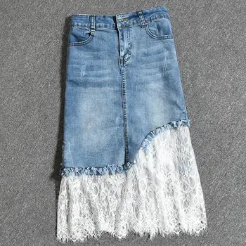 

plus size 2XL!Denim Skirts Women Summer Lace Mesh Patchwork Skirts Women Jeans skirt a-line