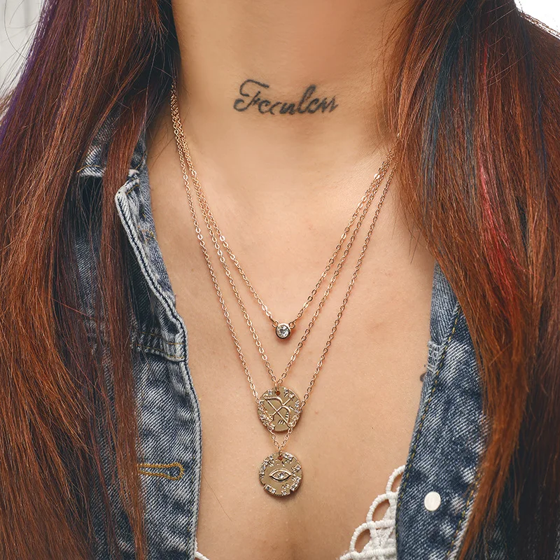 

Gold Link Chain Round Pendant Necklace Cupid Arrow Evil Eye Charm Layered Necklaces Fashion Women's Necklaces 2019