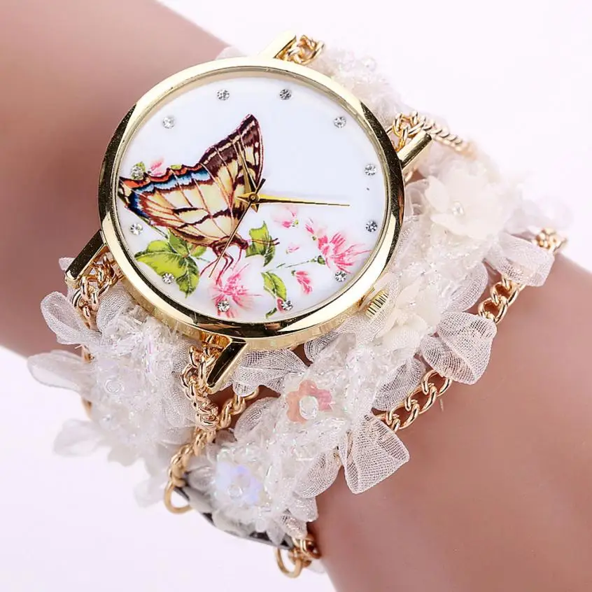 

Newly Design Butterfly Flowers Plant Pattern Lace Wrap Chain Bracelet Analog Quartz Wrist Watch For Women 160628 Drop Shipping