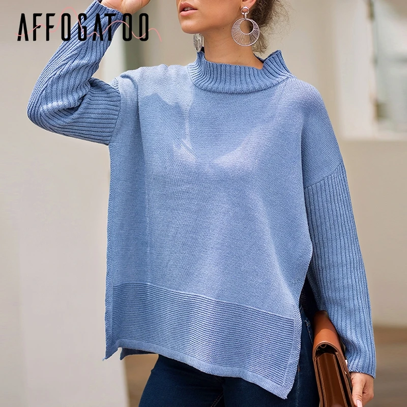 

Affogatoo Casual half turtleneck knitted sweater pullover Loose side split women jumpers Autumn winter warm female outerwear top