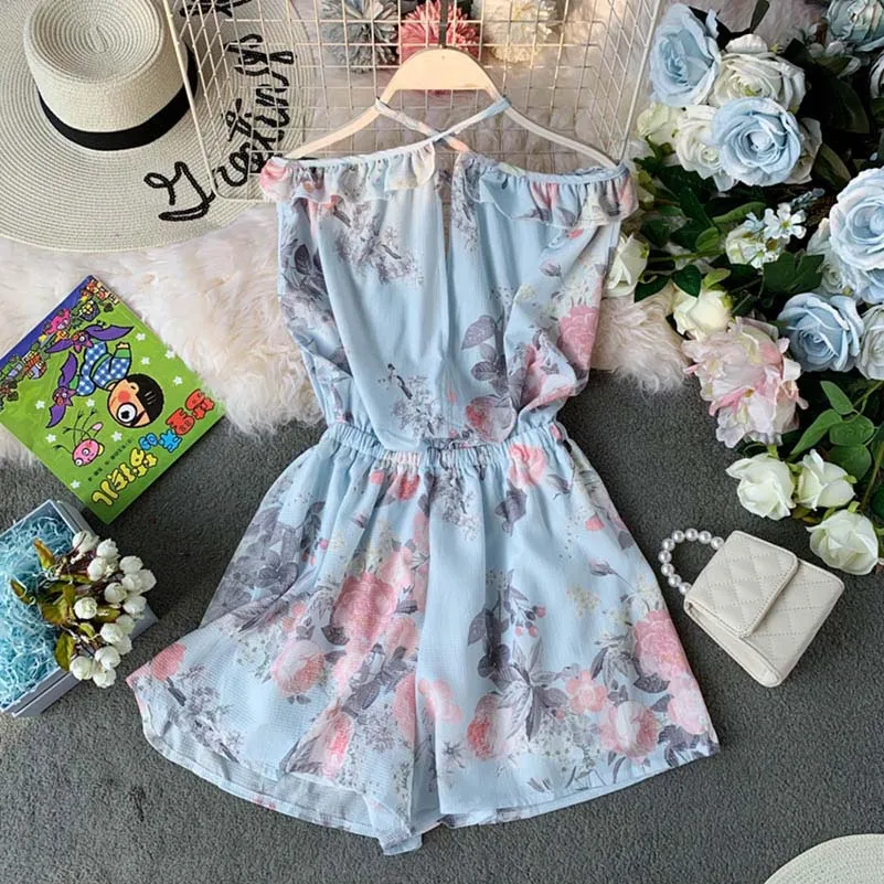 

flora print women Summer Short Jumpsuits Deep V Nice Backless Off Shoulder Loose Playsuit Floral Printed Rompers Bodysuit 2018