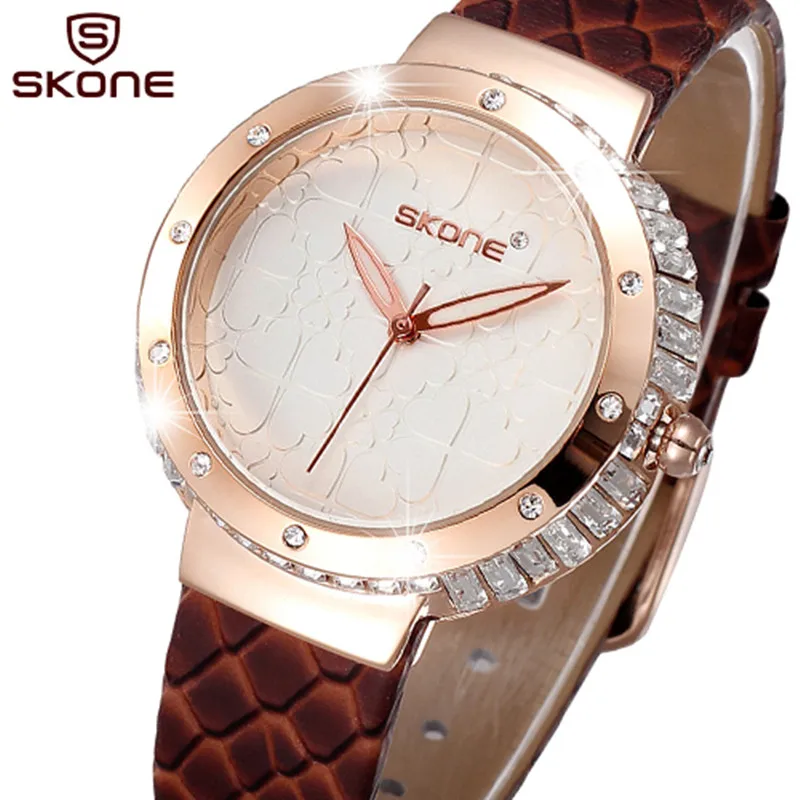 

Skone Diamond Fashion Watches Rose Gold Luxury Brand Leather Strap Casual Quartz Watch Women relogio feminino orologio donna New