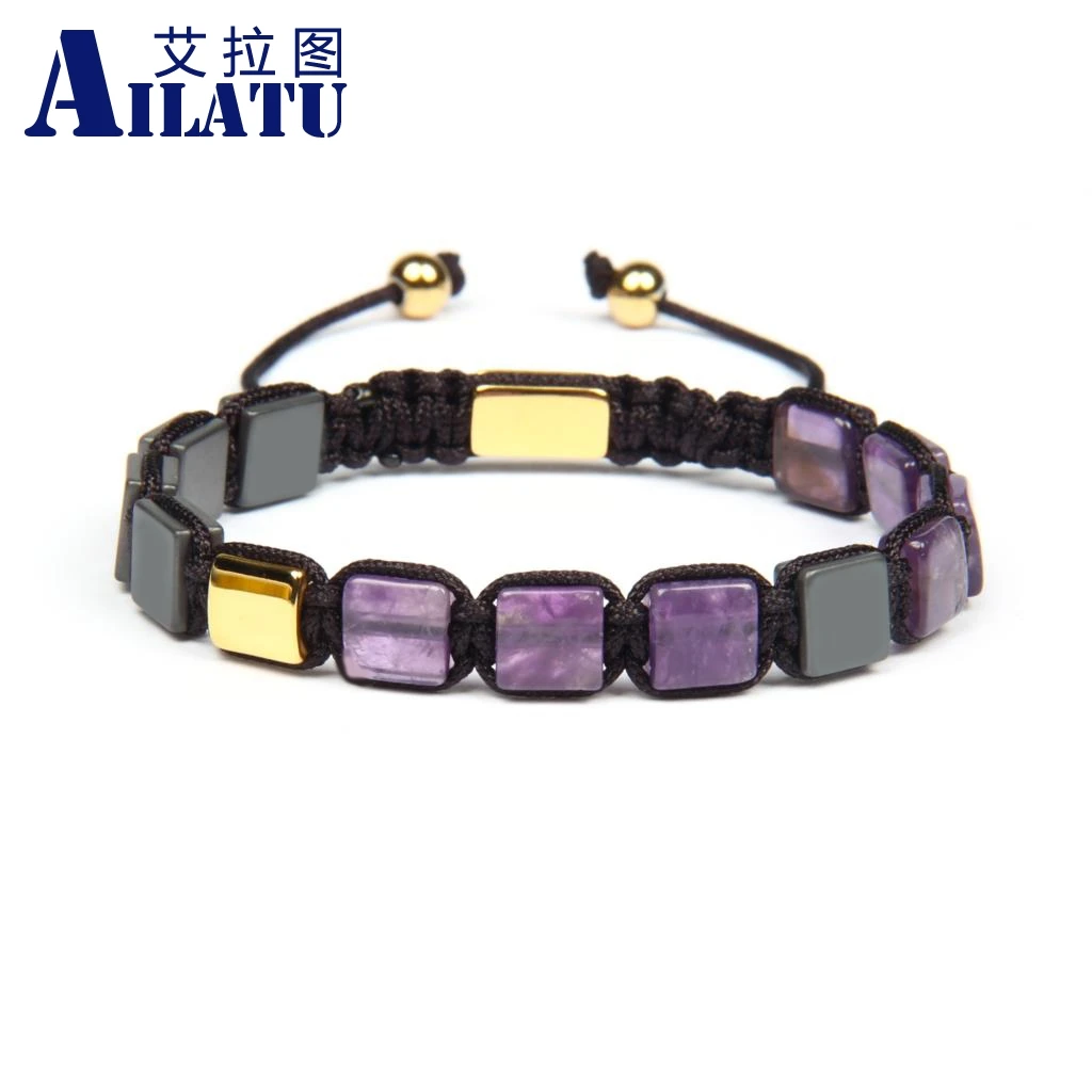 Новый дизайн украшений ailatu Природный пурпурный кристалл квадратные планшетный Плетеный плетеный браслет универсальное Нержавеющее
