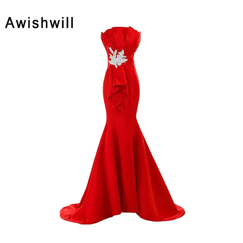 

Robe de Soiree Longue Cheap Red Mermaid Long Evening Dress 2017 Sexy Appliques Satin Formal Evening Party Dresses